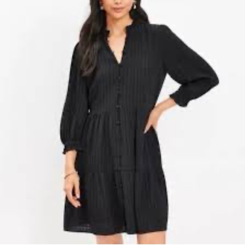 Loft Black Textured Ruffle 3/4 Sleeve Swing‎ Dress Size L